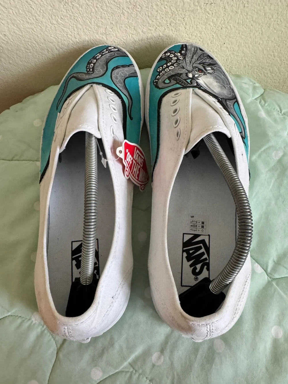 NEW Custom Painted Vans White Slip-On Sneakers with Teal Octopus Design size 13