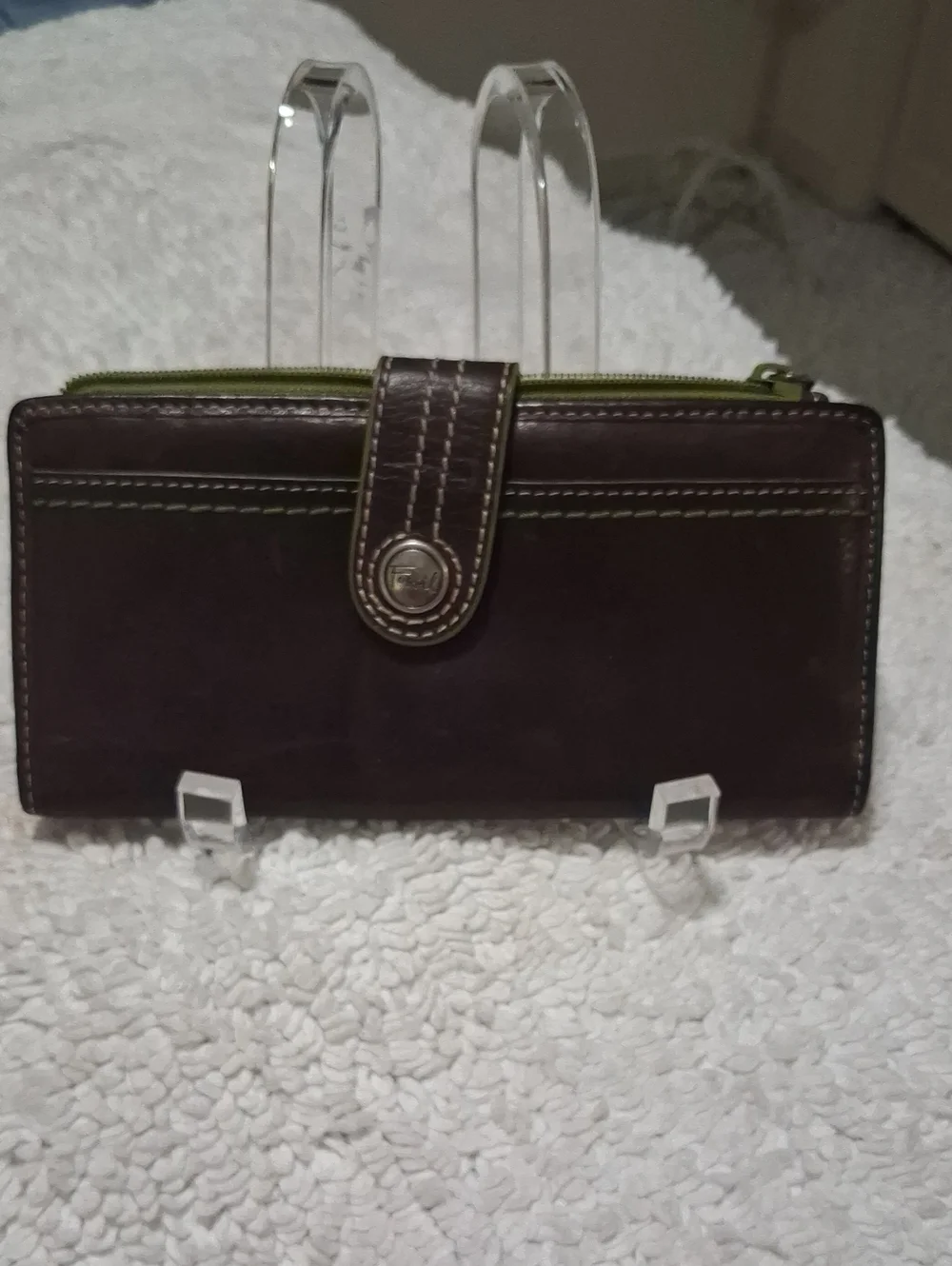 Fossil Dark Brown Wallet with Olive Green Zip Accent