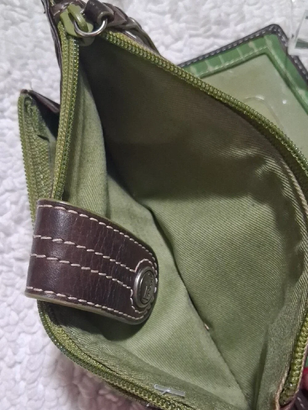 Fossil Dark Brown Wallet with Olive Green Zip Accent