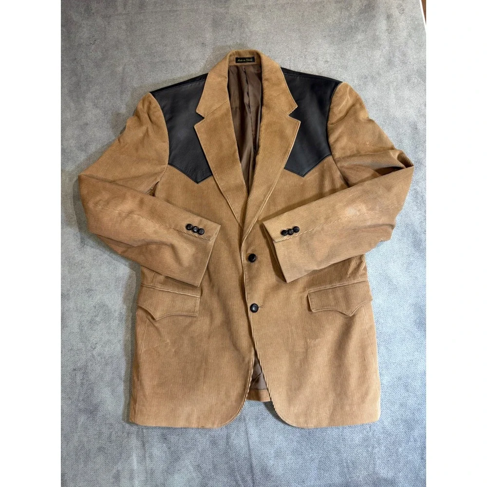 Circle S Dallas Texas Mens Tan Corduroy Western Blazer Black Yoke Sport Coat 44L