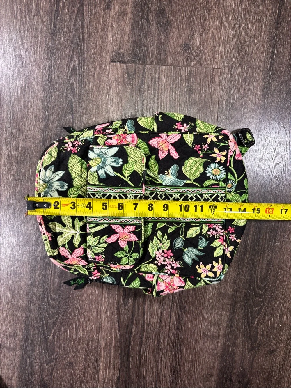 Vera Bradley Black Floral Quilted Backpack with Pink and Green Accents