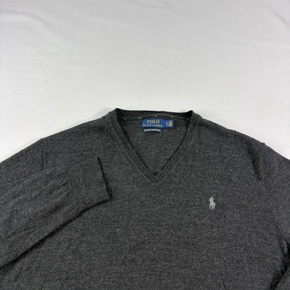 Polo Ralph Lauren Sweater Mens XL Gray Washable Merino Wool V-Neck Pullover