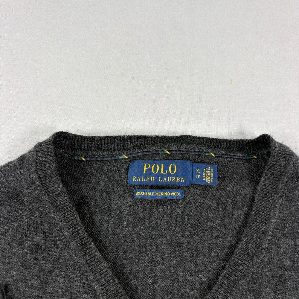Polo Ralph Lauren Sweater Mens XL Gray Washable Merino Wool V-Neck Pullover