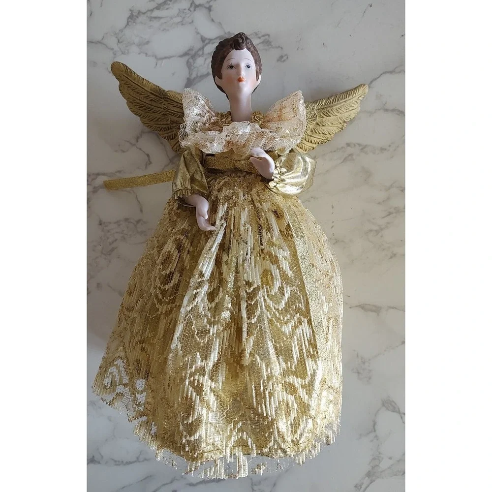Vintage Angel Tree Topper Gold Lights Up Porcelain Head Christmas B11