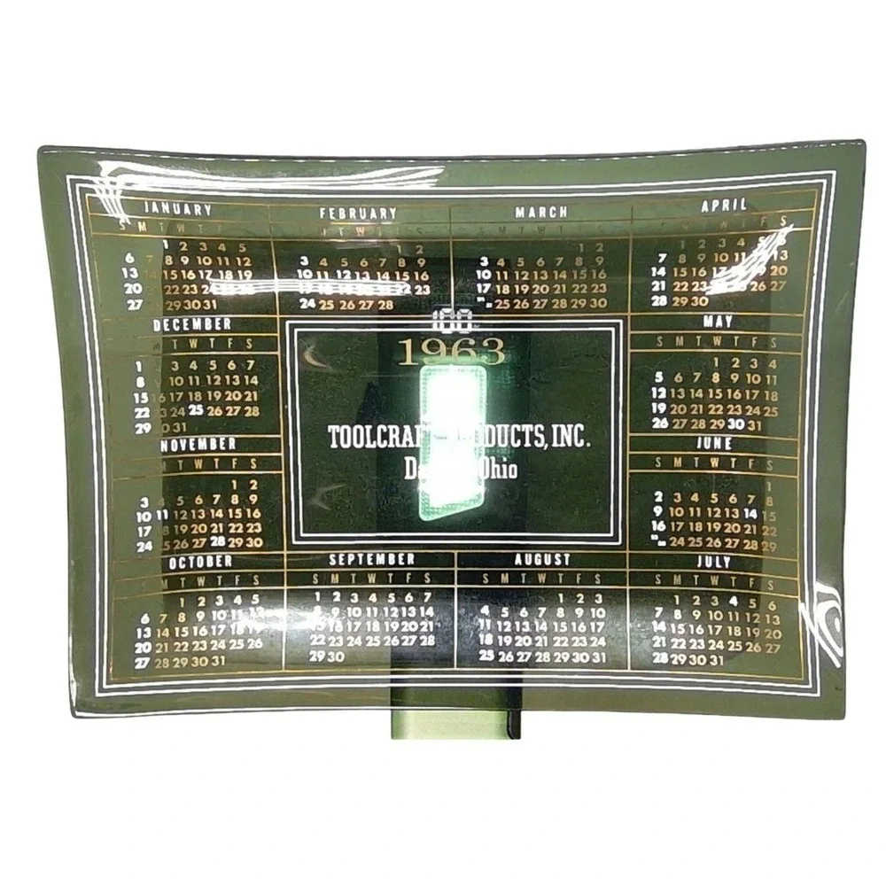 TOOLCRAFT PRODUCTS 1963 Green Glass Calendar Tray Dayton Ohio Promo