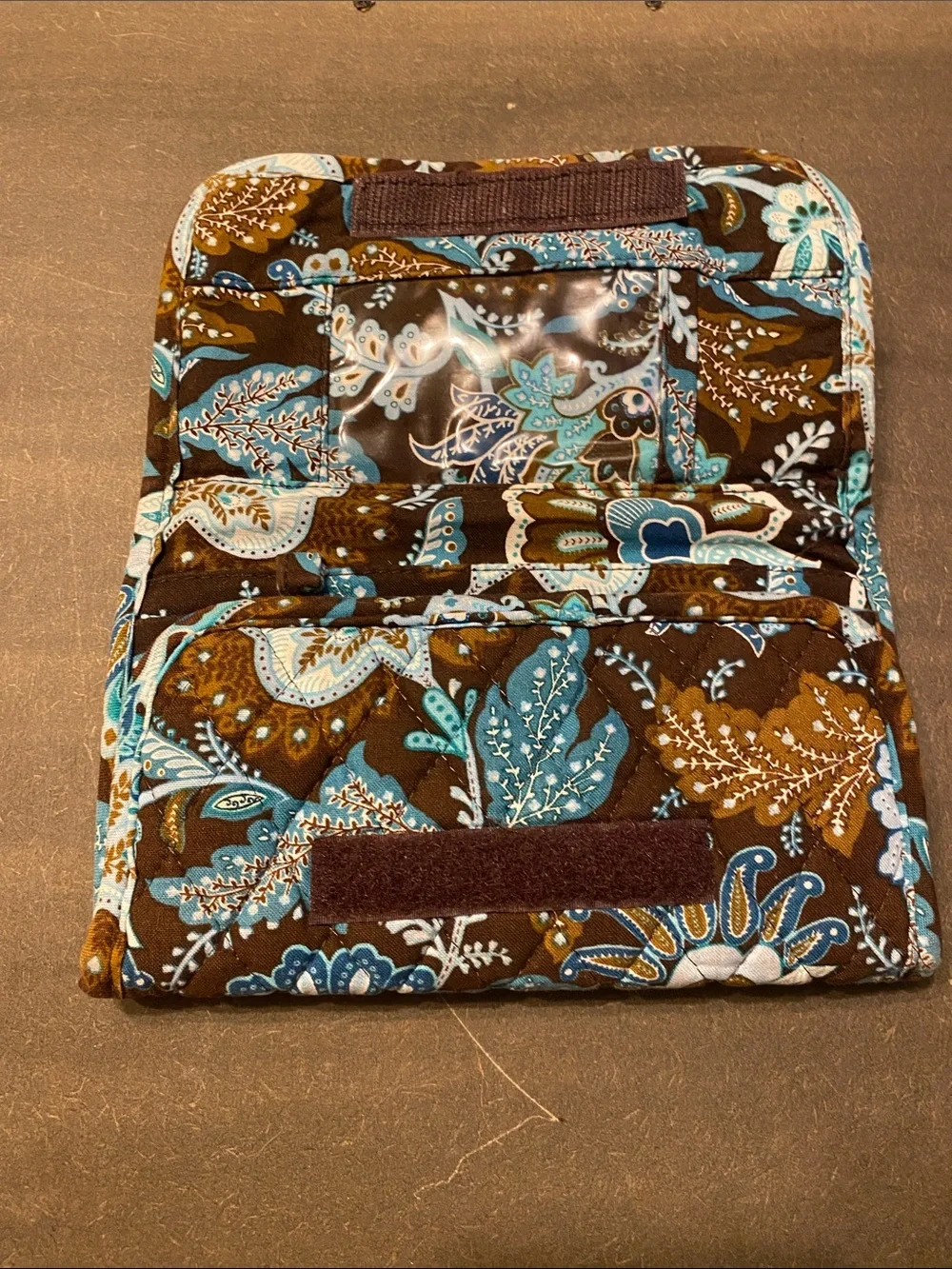 Vintage Vera Bradley Java Blue Trifold Wallet Quilted Cotton Brown Teal 7”x4”