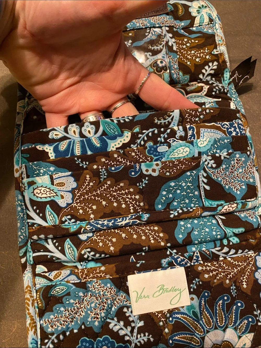 Vintage Vera Bradley Java Blue Trifold Wallet Quilted Cotton Brown Teal 7”x4”