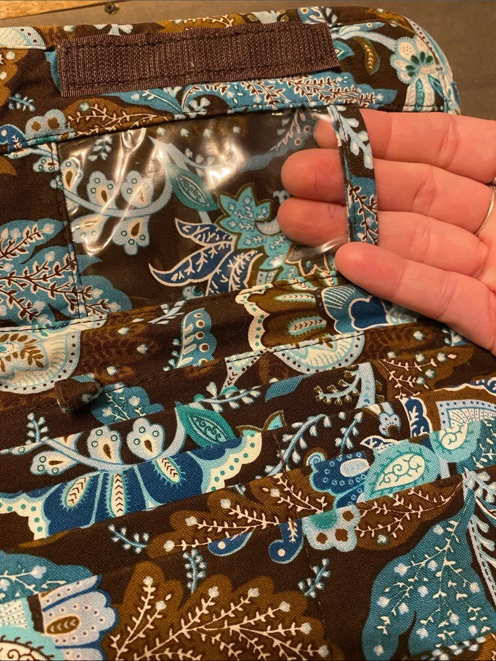Vintage Vera Bradley Java Blue Trifold Wallet Quilted Cotton Brown Teal 7”x4”
