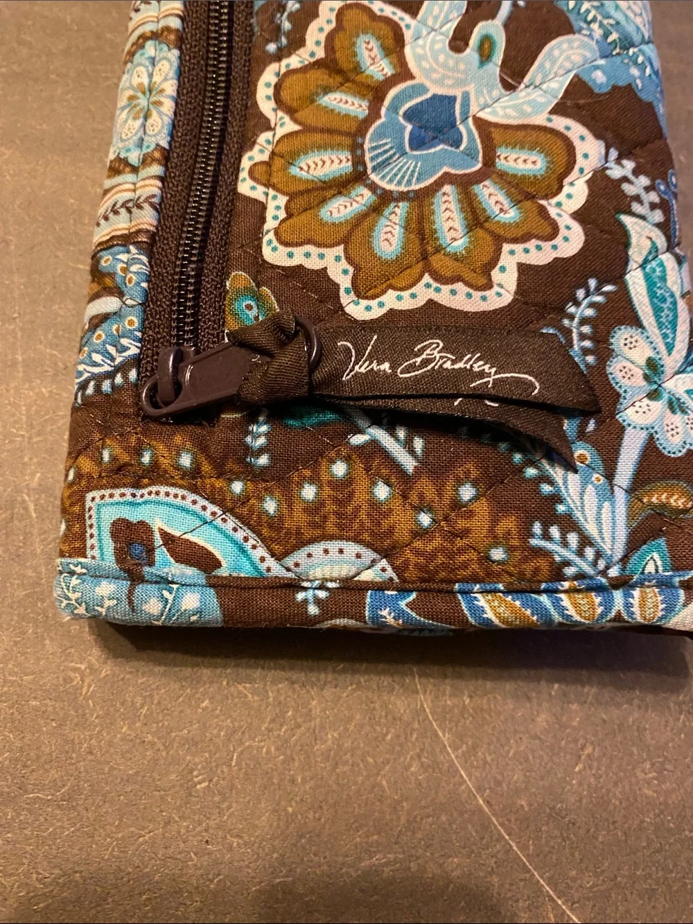 Vintage Vera Bradley Java Blue Trifold Wallet Quilted Cotton Brown Teal 7”x4”
