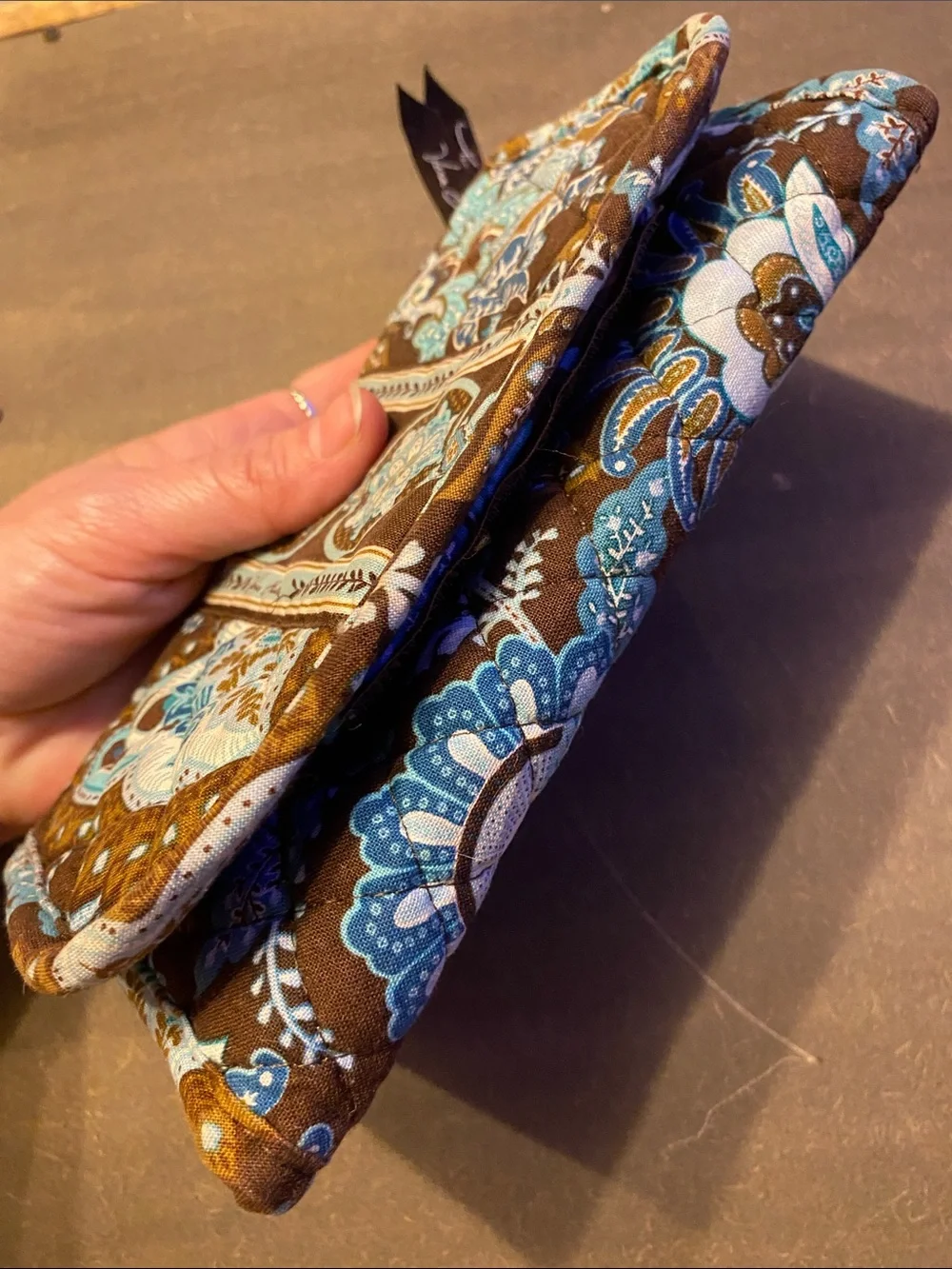 Vintage Vera Bradley Java Blue Trifold Wallet Quilted Cotton Brown Teal 7”x4”