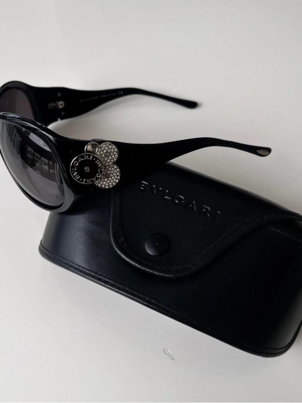 Bulgari Black Sunglasses with Crystal Floral Emblem