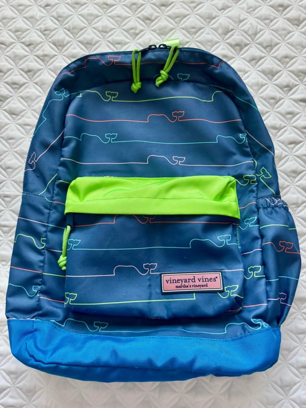 Vineyard Vines Kids Blue School Backpack Bookbag Neon Green and Whale Lines