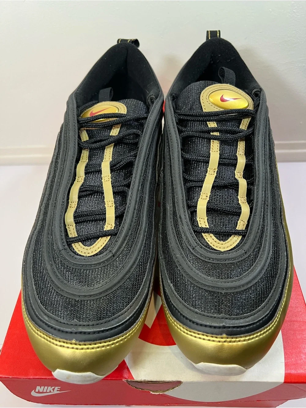 Nike Men's Air Max 97 Sneakers - Black, Gold & Red Swoosh