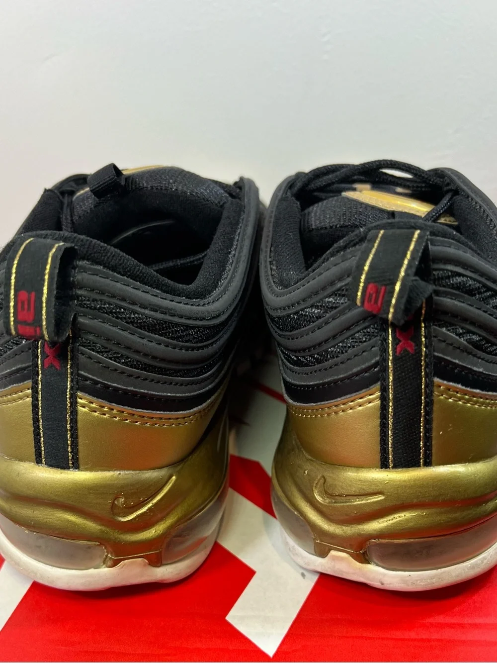 Nike Men's Air Max 97 Sneakers - Black, Gold & Red Swoosh