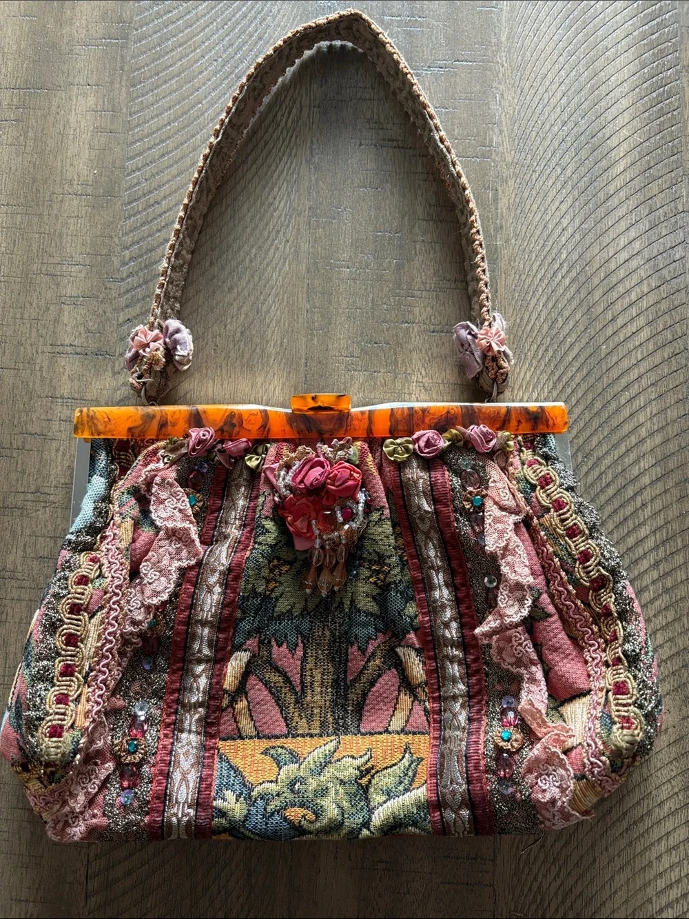 Boho Floral Tapestry Handbag with Pink Accents