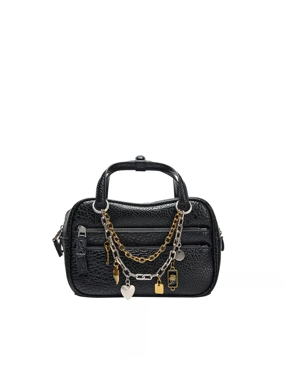 Zara Black Textured Leather Satchel with Mixed Metal Charm Chains
