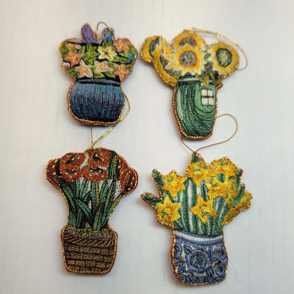 Set of 4 Embroidered Floral Ornaments Sunflower Daffodil Botanical Garden Decor