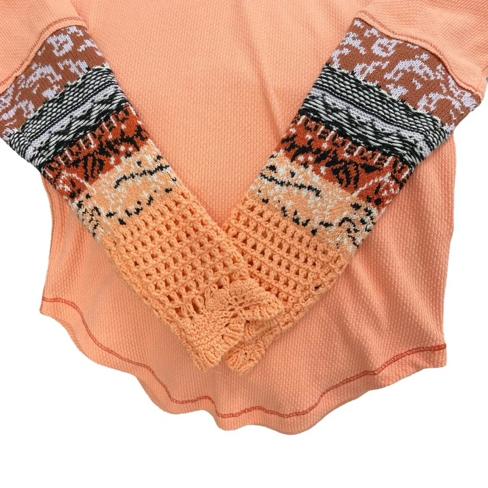 FREE PEOPLE In The Mix Waffle Knit Thermal Mixed Print Crochet Cuff Top Small