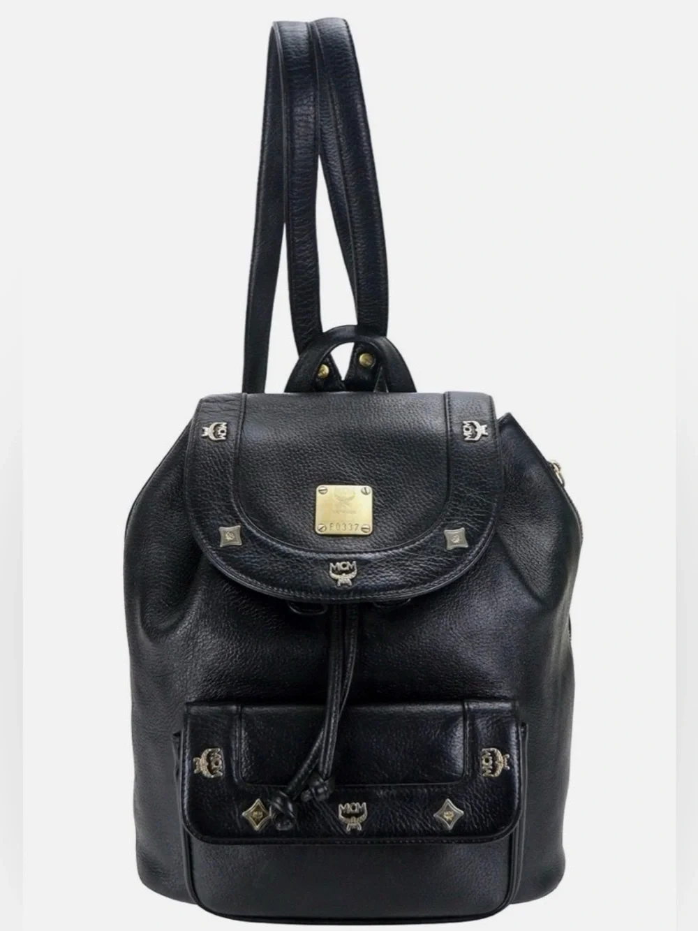 MCM Black Leather Drawstring Backpack (magnetic snap is missing)