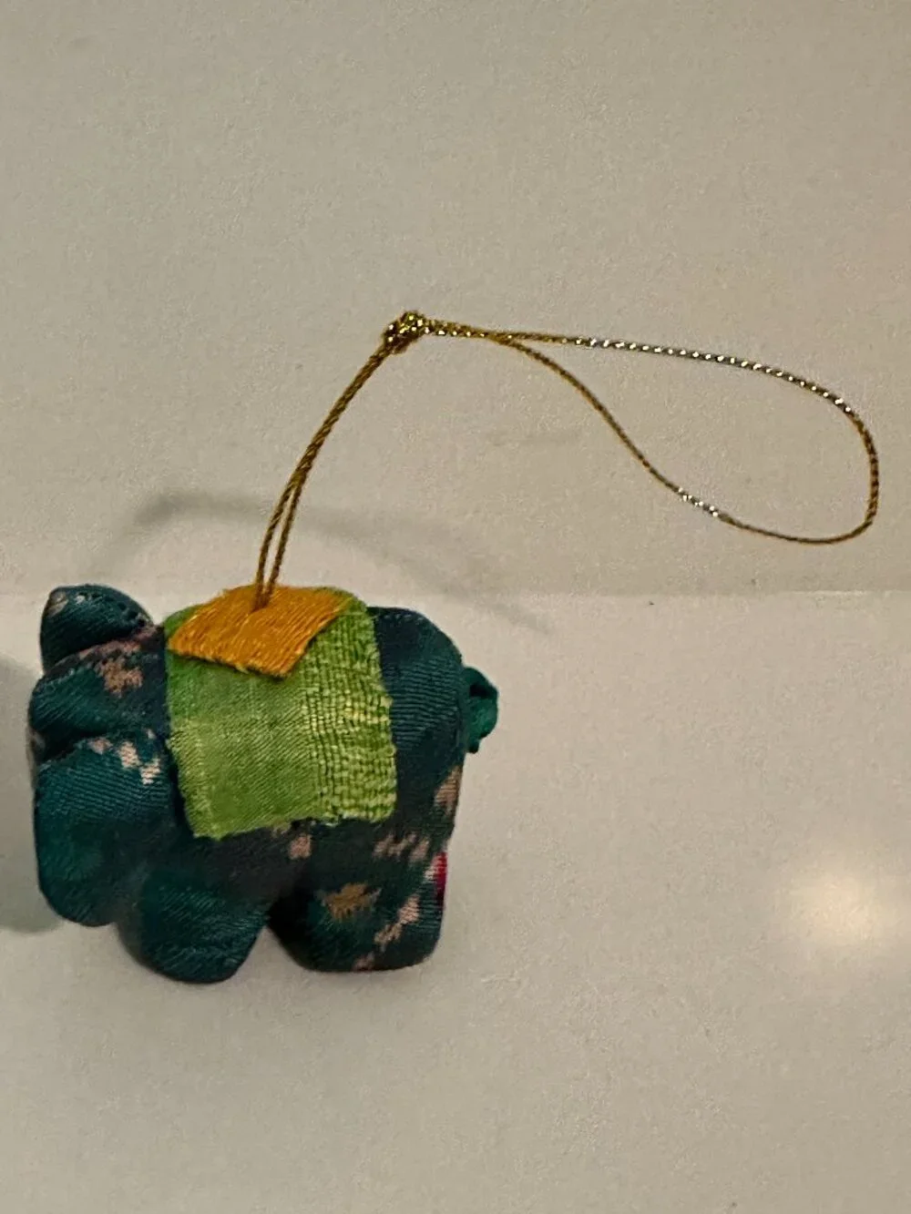 Mini Fabric Elephant Hanging Ornament Green Floral Gold Cord