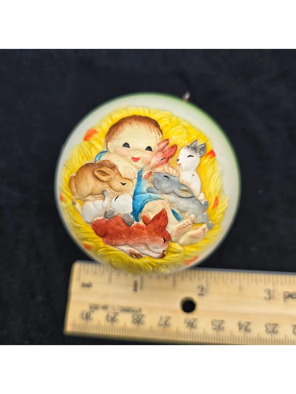 Vintage 1979 Schmid ANRI Ferrandiz Christmas Ornament Ball Baby & Bunnies Italy