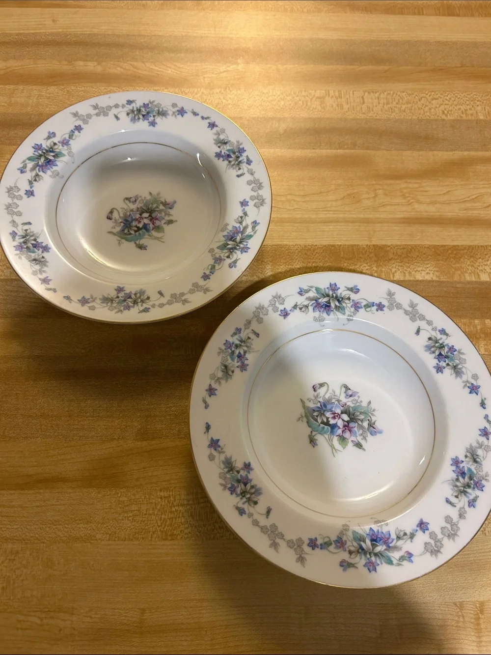 Noritake White Porcelain Bowls with Blue, Purple & Gold Floral Accents