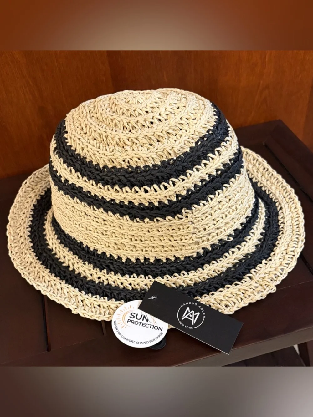 New Marcus Adler Raffia Sun Hat in Natural and Black Stripes