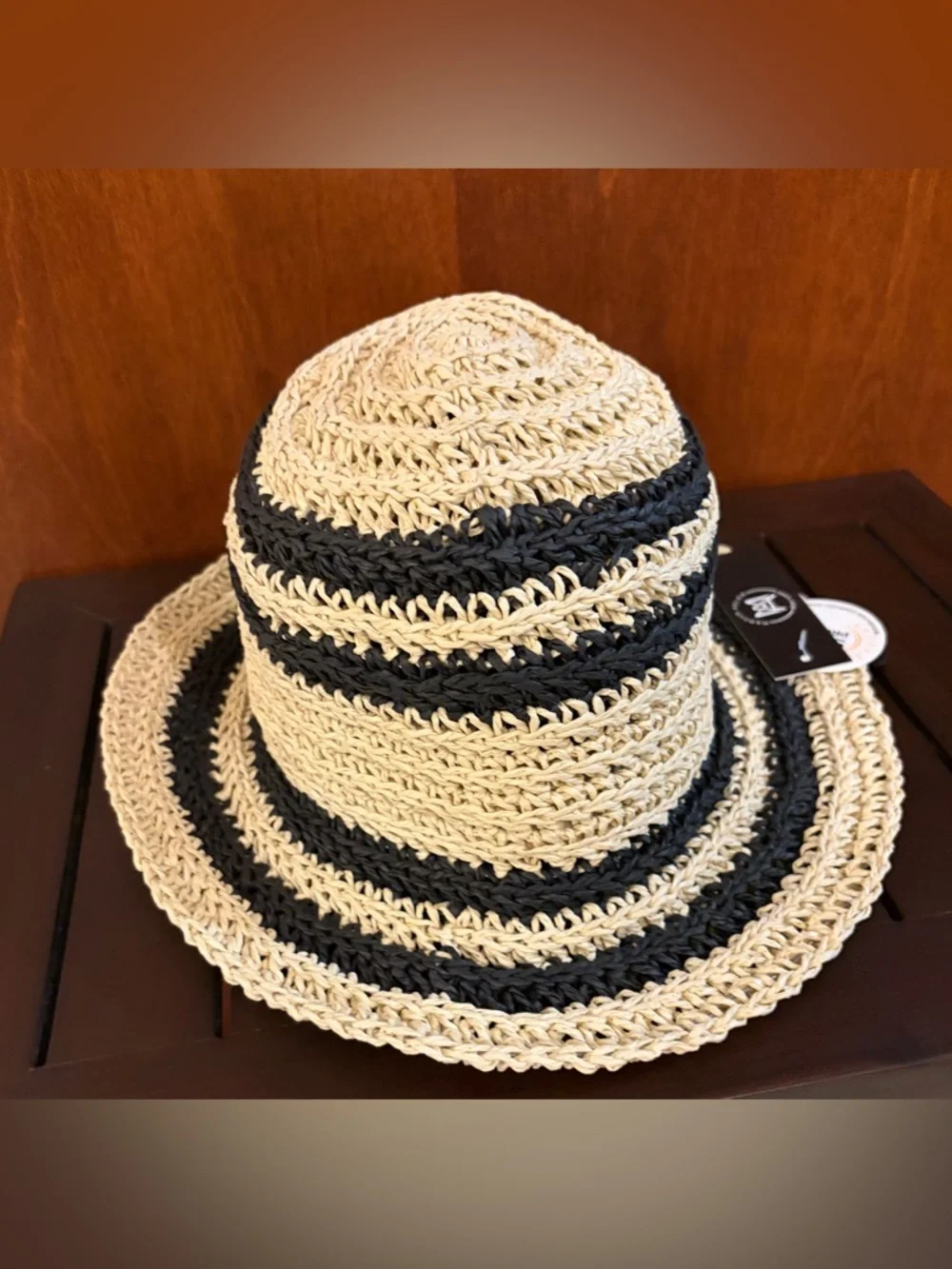 New Marcus Adler Raffia Sun Hat in Natural and Black Stripes