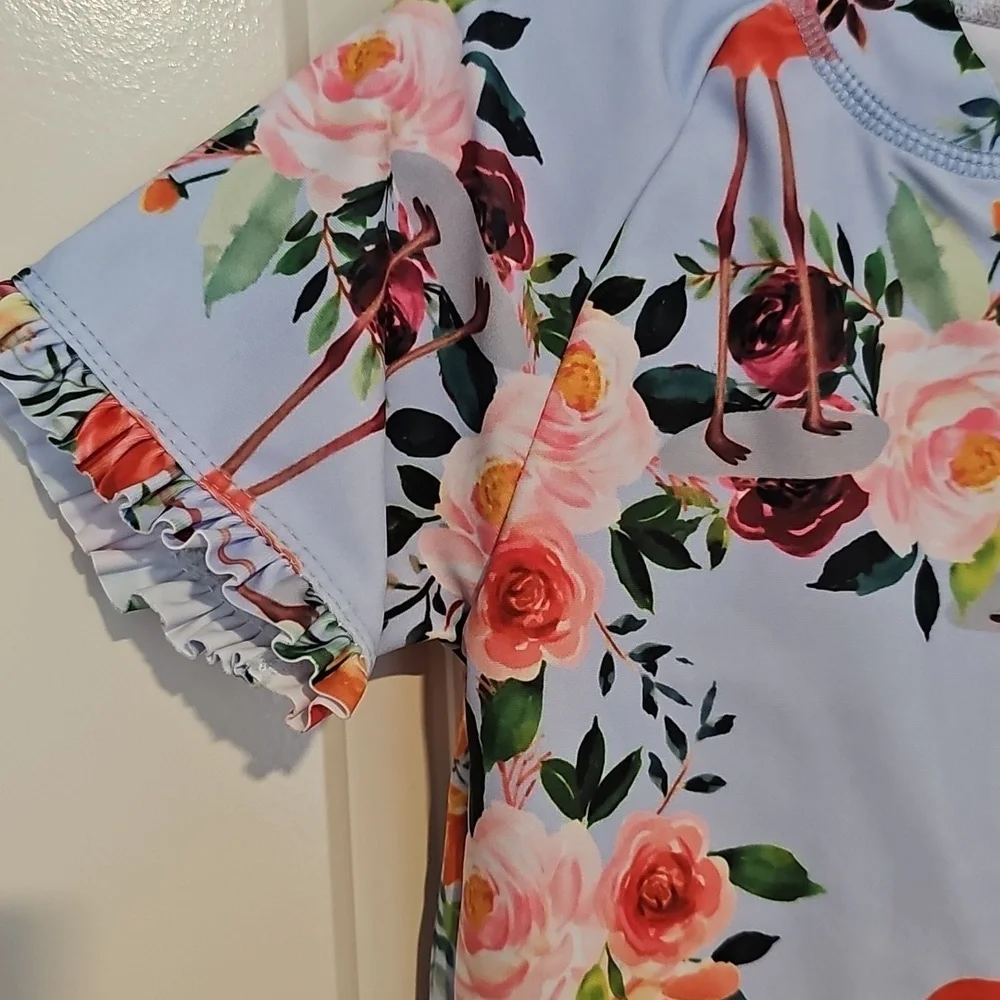 2 - 3y Swimsuit Romper Floral Flamingo Zip Ruffle Trim