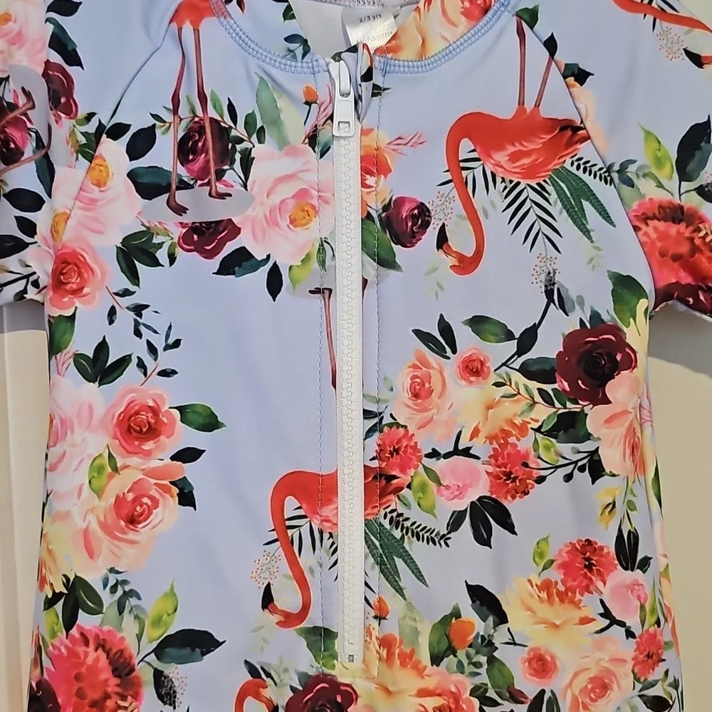 2 - 3y Swimsuit Romper Floral Flamingo Zip Ruffle Trim