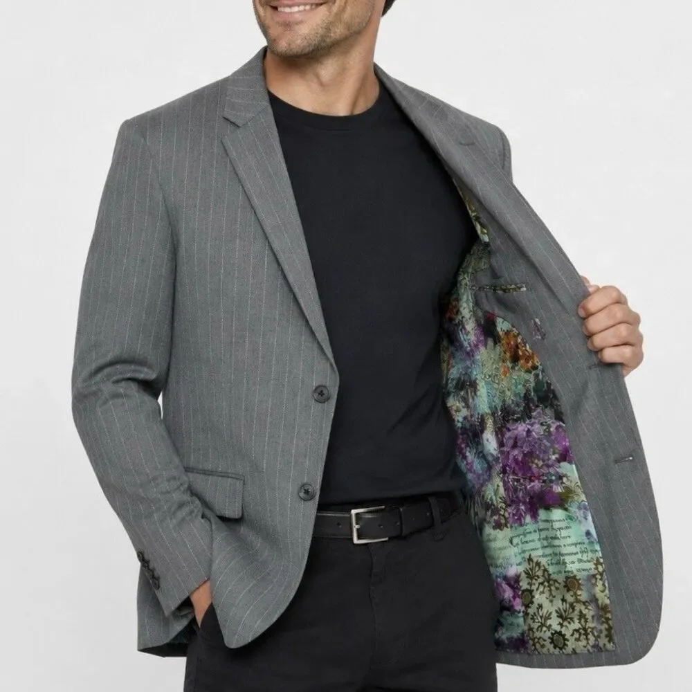 Hive & Colony Gray Pinstripe Blazer Mens 38L Wool Blend Floral Lined Sport Coat
