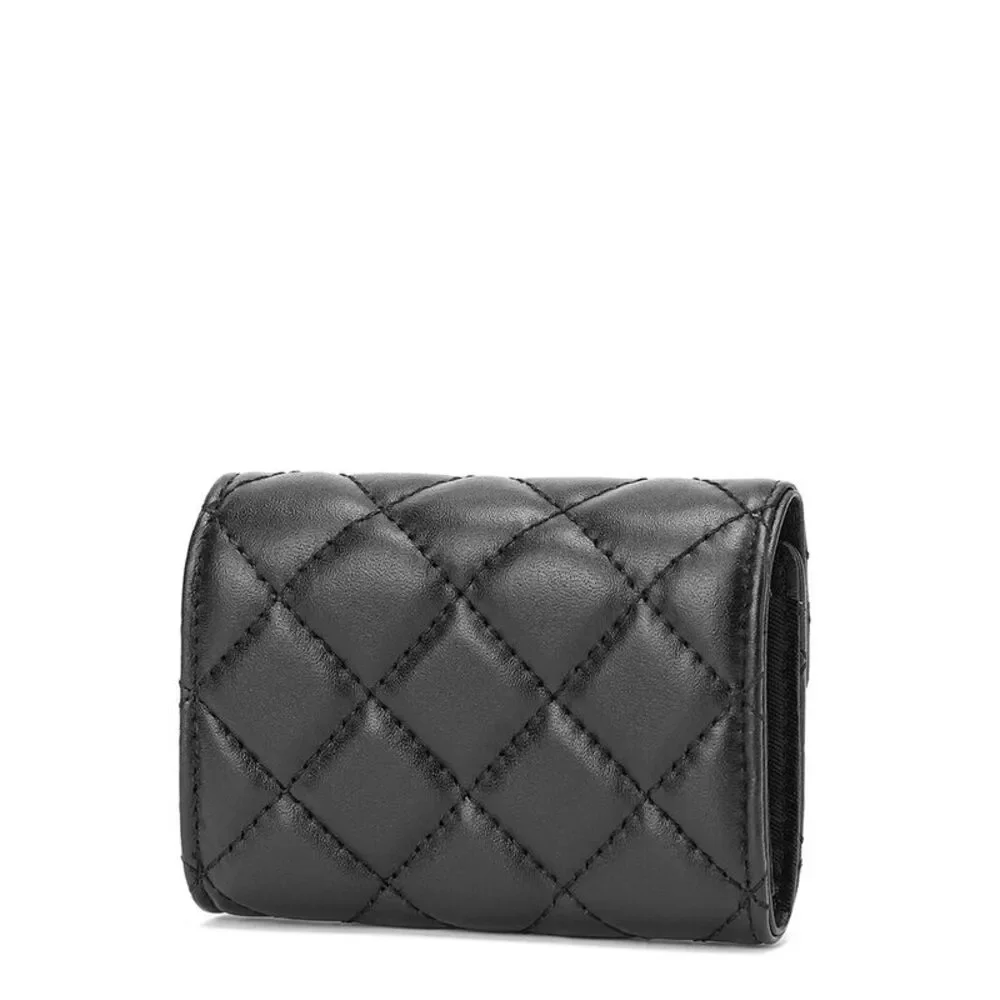 Quilted Black Leather Compact Wallet with Floral Snap