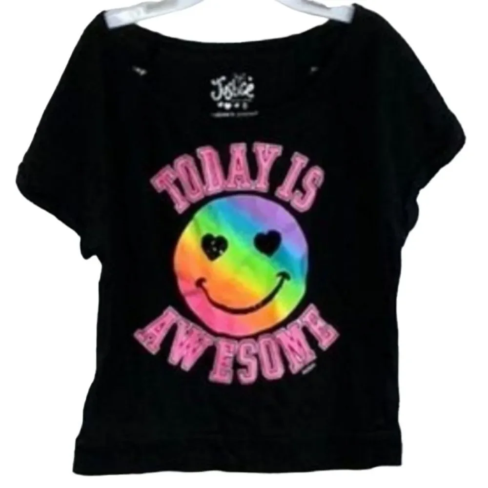 Justice Girls 8 Black Today is Awesome Neon Rainbow Smiley Tee Sequin Tshirt Top