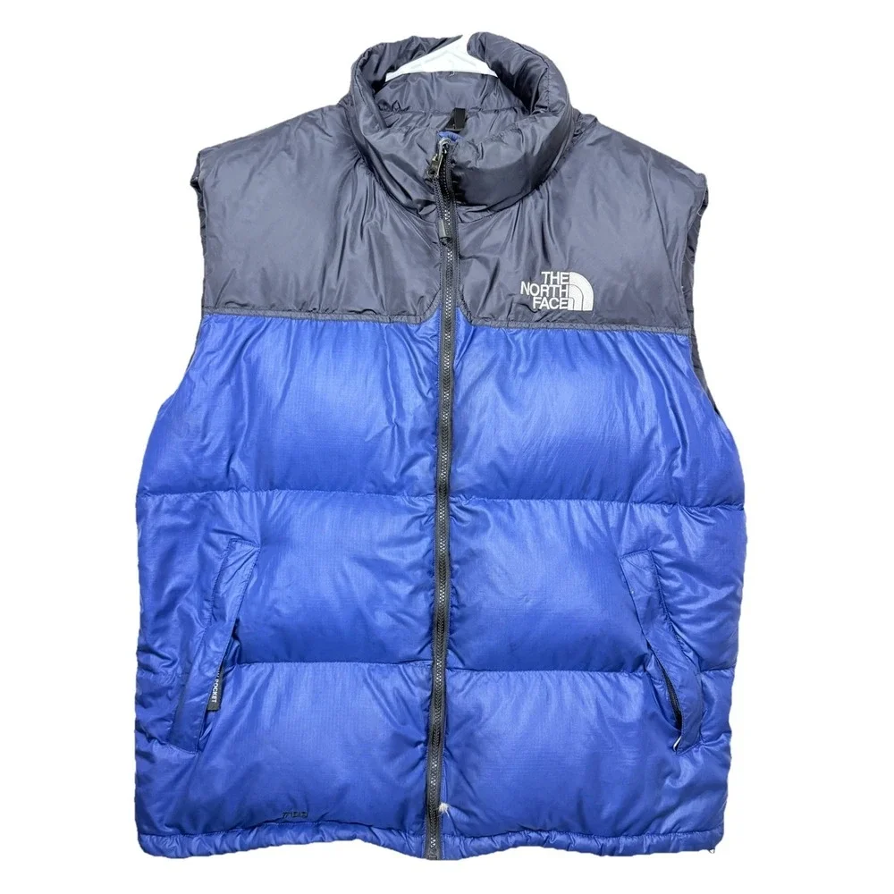 Vintage The North Face Mens XL Nuptse 700 Goose Down Vest Blue Full Zip Hood‎