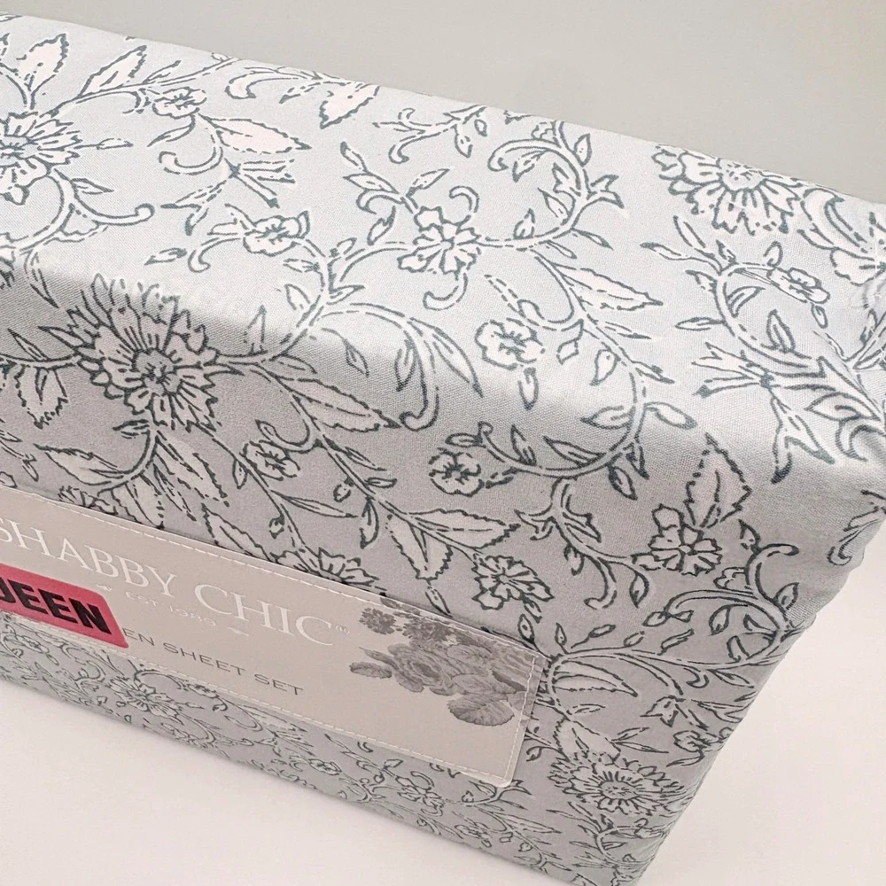 Shabby Chic Queen Sheet Set Light‎ Blue White Floral Toile 4pc Microfiber NEW
