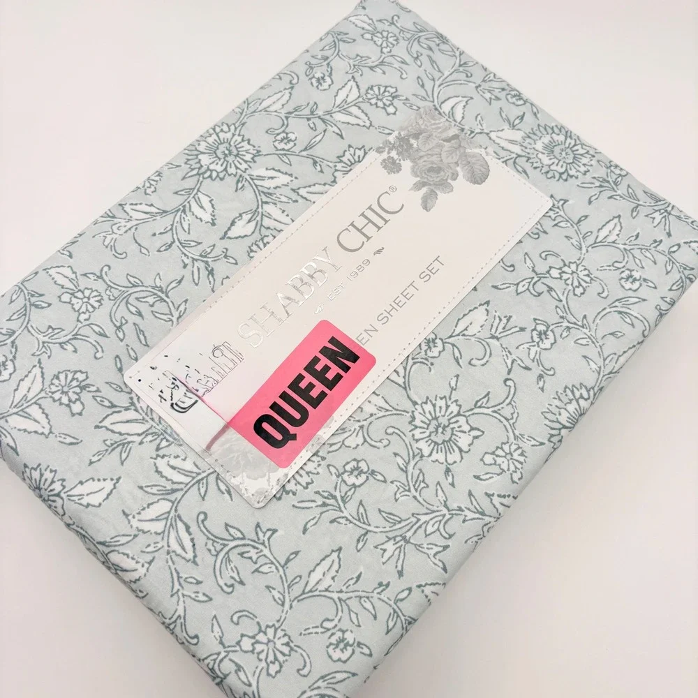Shabby Chic Queen Sheet Set Light‎ Blue White Floral Toile 4pc Microfiber NEW
