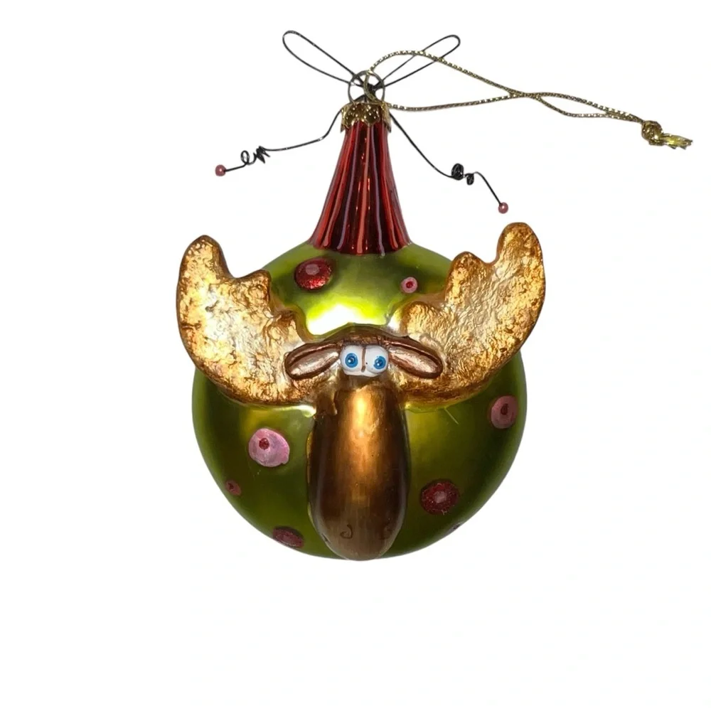 Blue Eye Moose w Eyelashes Polka Dot Glass Ornament‎ Green Brown Pink Red