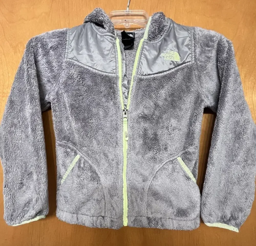 The North Face Girls Medium 10/12 Gray/Neon Full Zip Hooded Fuzzy Fleece Jacket