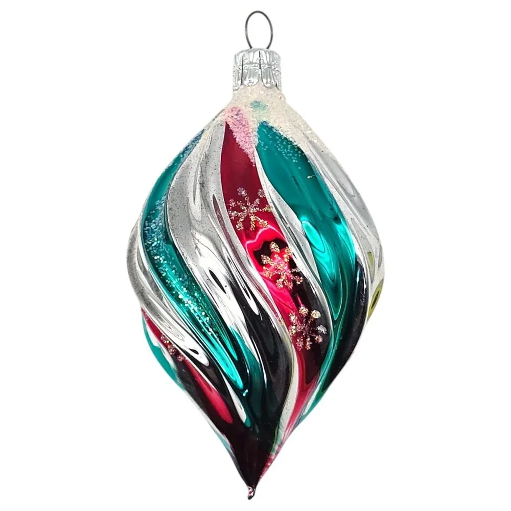 Vtg Czechoslovakian Blown Glass Christmas Ornament Teardrop Swirl Design Glitter