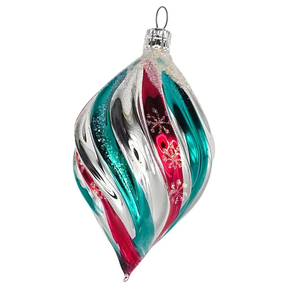Vtg Czechoslovakian Blown Glass Christmas Ornament Teardrop Swirl Design Glitter