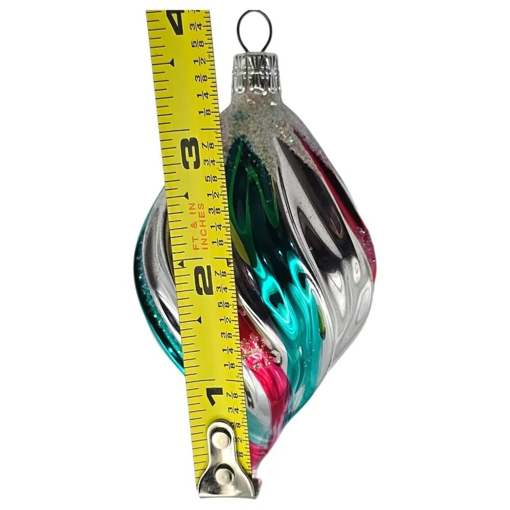 Vtg Czechoslovakian Blown Glass Christmas Ornament Teardrop Swirl Design Glitter