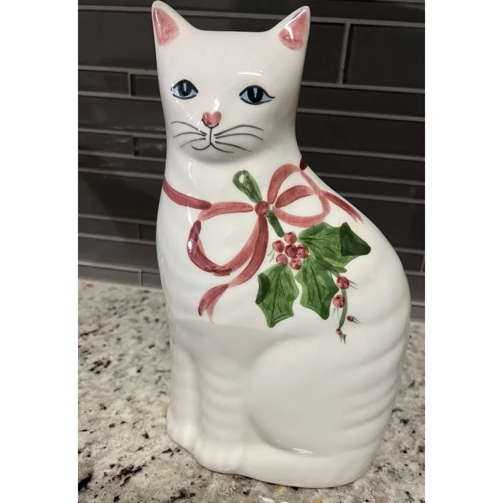 Vintage Porcelain Christmas CAT N.S. Gustin Co Hand Painted‎ USA Holly Pink 10