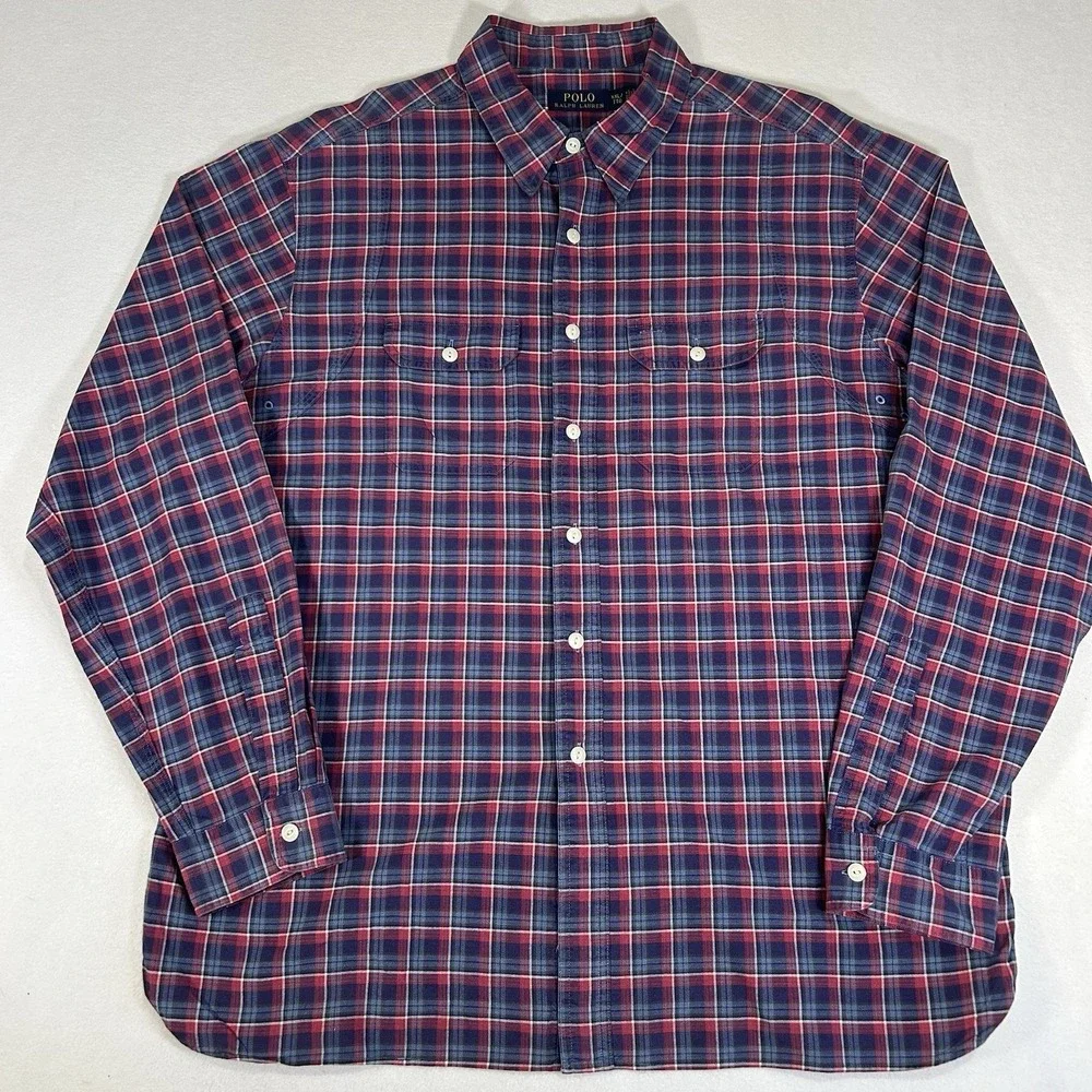 Polo Ralph Lauren Shirt Men XXL Plaid Naval Reserve‎ Vented Long Sleeve Shirt