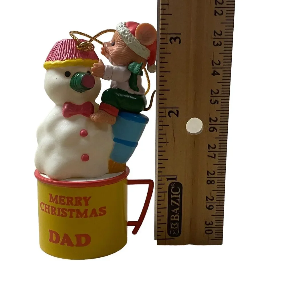 Vintage Trevco Snowman Ornament Climbing Mouse Miniature Merry Christmas Dad Cup