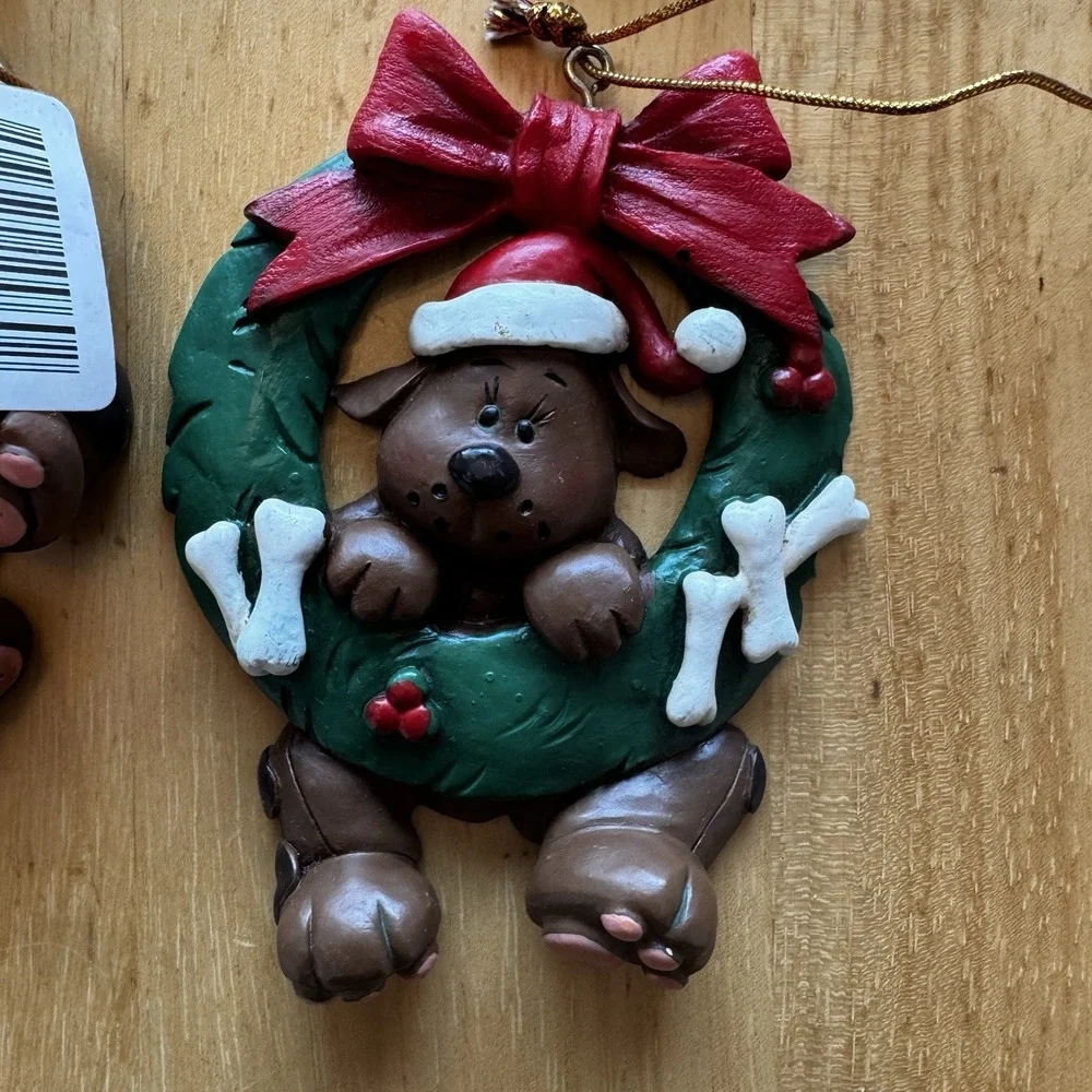 Christmas Ornaments Dog Puppy Lot of 4 Holiday Brown Wrath Candy‎ Cane Resin New