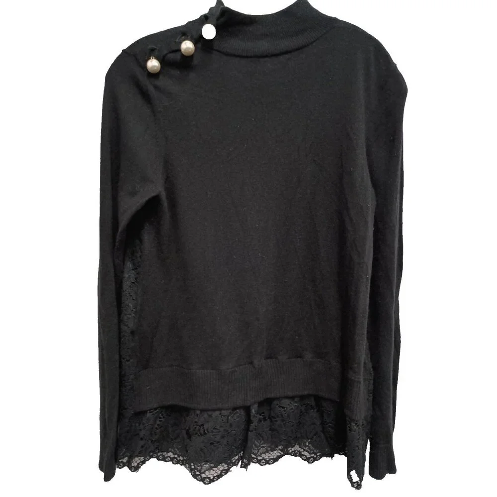 Kate Spade Broome Street Sweater Womens Medium‎ Black Wool Blend Lace Hem