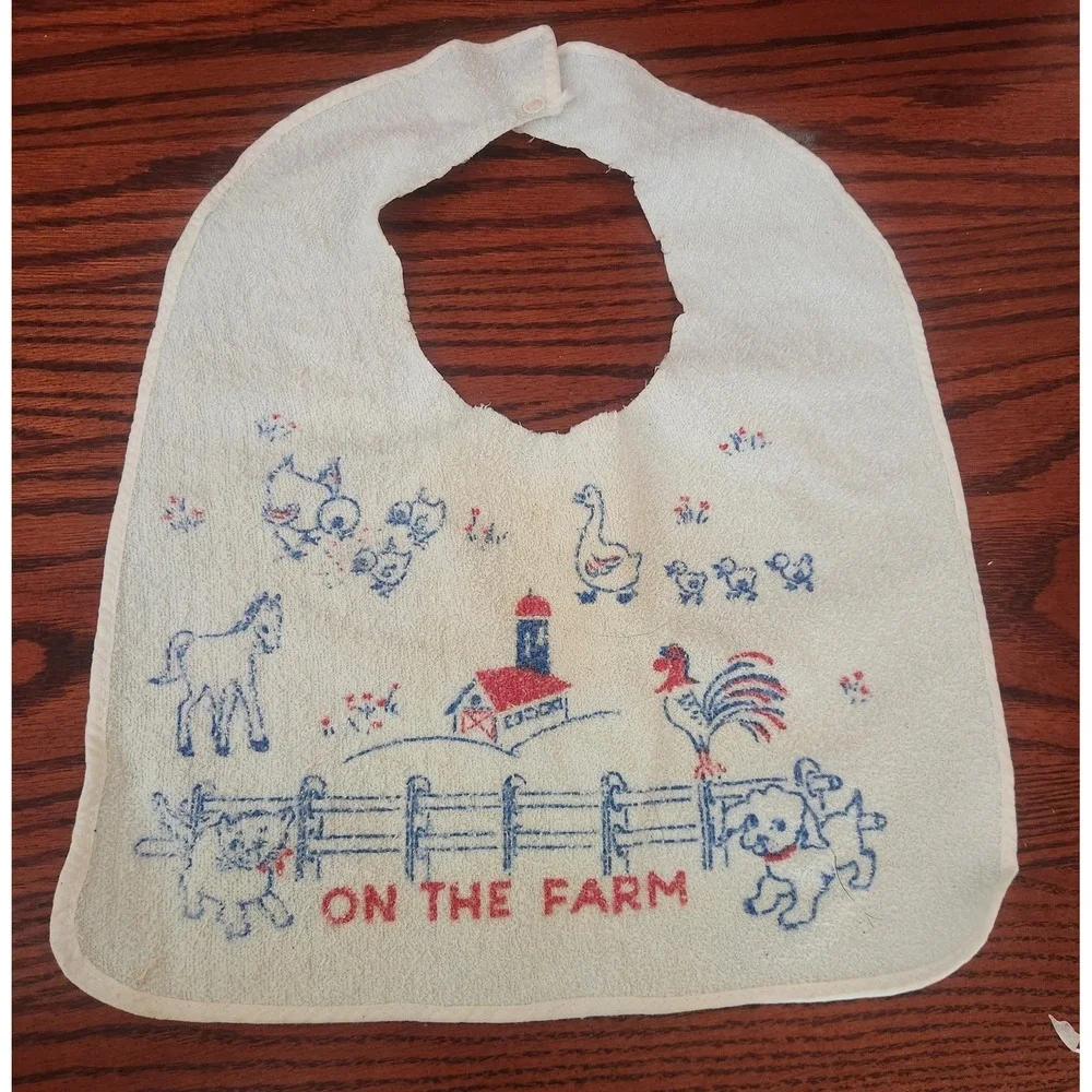 Vintage On The Farm Baby Bib Kitchy Barn Cat‎ Dog Chicken Duck Horse 70s