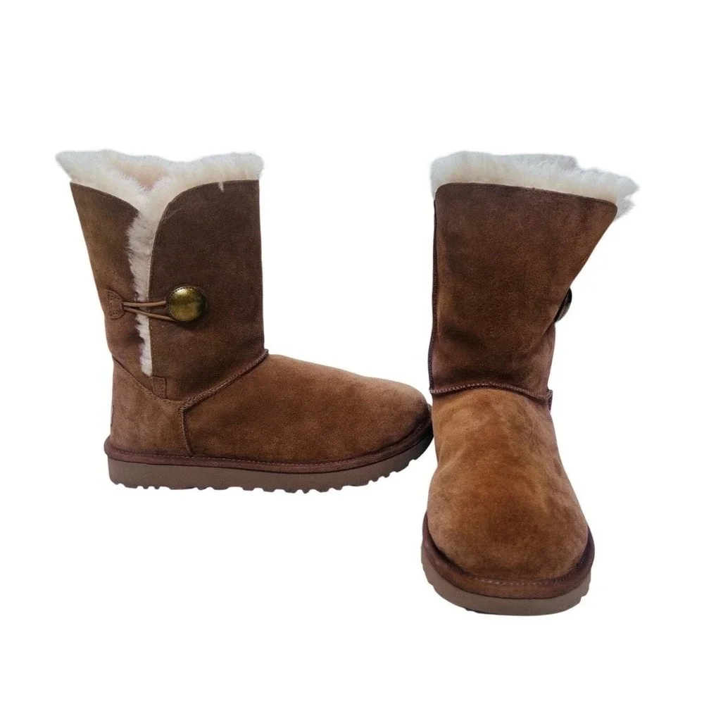 UGG Bailey Button Chestnut Brown Suede Shearling Mid Calf Boots Women‎ 5803