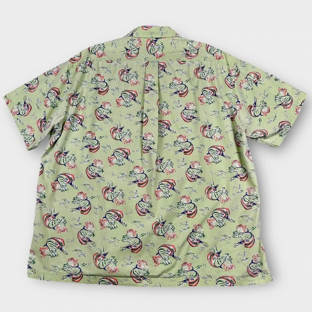VTG J Crew Shirt‎ Mens XL Green Marlin Fish Print Short Sleeve Cotton Oarsman
