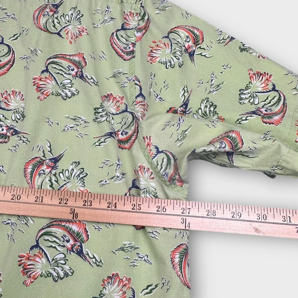 VTG J Crew Shirt‎ Mens XL Green Marlin Fish Print Short Sleeve Cotton Oarsman